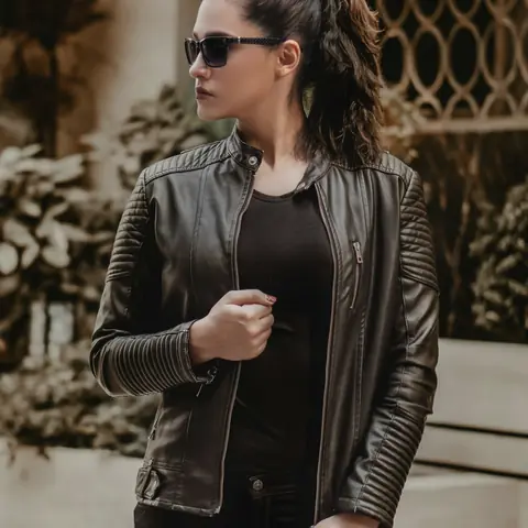 Customer in a black quilted-sleeve leather jacket and sunglasses